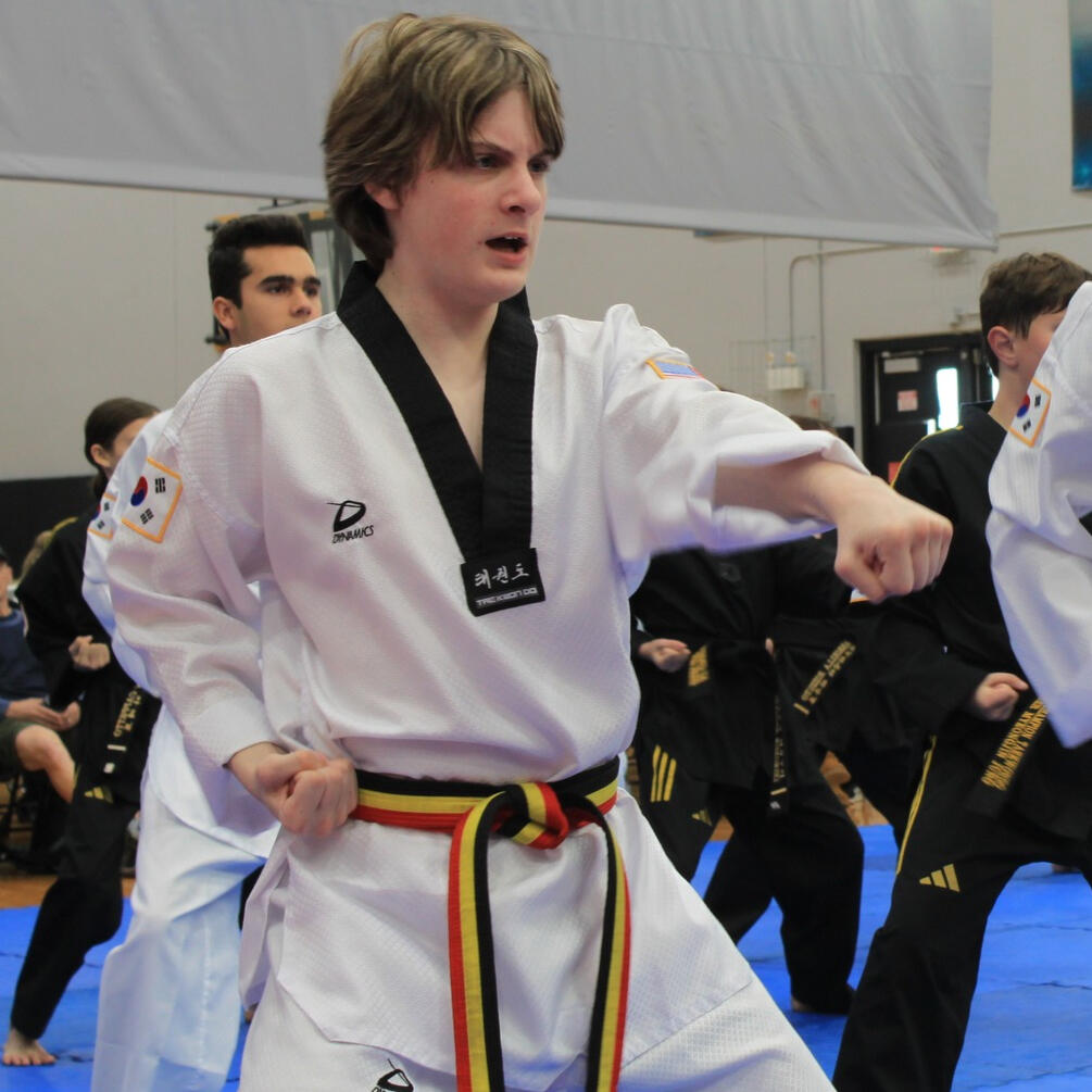 A large group of adult and teen class students demonstrating straight punches in unison